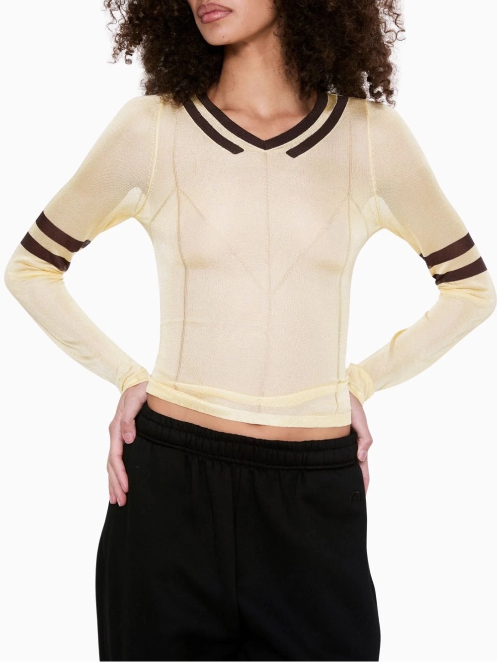 Miaou Pale Yellow Sheer V-Neck Long Sleeve Top with Chocolate Stripes